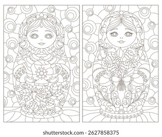 A set of contour illustrations in the style of stained glass with Russian dolls, dark contours on a white background