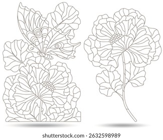 A set of contour illustrations in the style of stained glass with flowers and butterflies, isolated on a white background