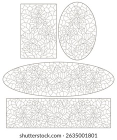 A set of contour illustrations in the style of stained glass with orchid flowers , dark contours on a white background