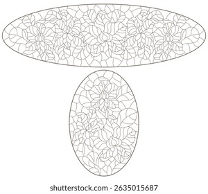 A set of contour illustrations in the style of stained glass with orchid flowers , dark contours on a white background