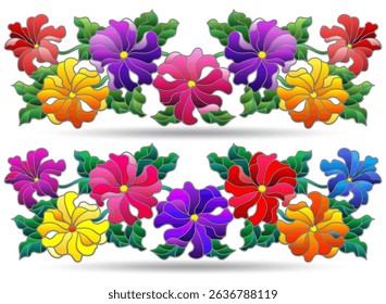 A set of contour illustrations in the style of stained glass with compositions of petunia flowers, flowers isolated on a white background