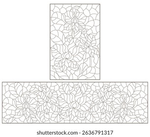 A set of contour illustrations in the style of stained glass with orchid flowers , dark contours on a white background