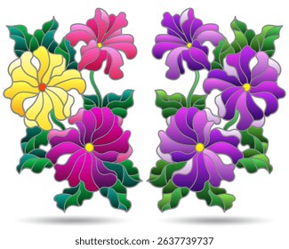 A set of contour illustrations in the style of stained glass with compositions of petunia flowers, flowers isolated on a white background