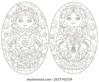 A set of contour illustrations in the style of stained glass with Russian dolls, dark contours on a white background