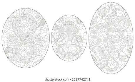A set of contour illustrations in the style of stained glass with abstract snakes, dark contours on a white background