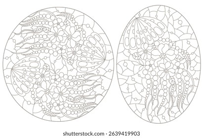 A set of contour illustrations in the style of a stained glass window with jellyfish, dark contours on a white background