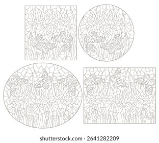 A set of contour illustrations in the style of stained glass with iris flowers and butterflies, dark contours on a white background