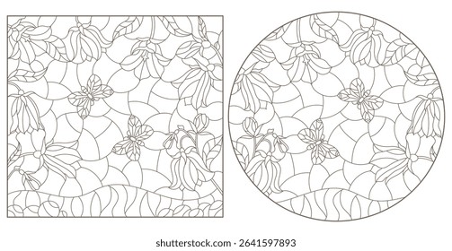 A set of contour illustrations in the style of stained glass with flowers of butterfly bells, dark outlines on a white background