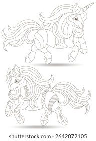 A set of contour illustrations in the style of a stained glass window with cute horse and unicorn, dark outlines on a white background