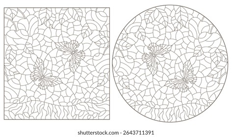 A set of contour illustrations in the style of stained glass with apple branches and butterflies on a meadow background dark outlines on a white background