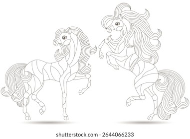 A set of contour illustrations in the style of a stained glass window with cute horses, dark outlines on a white background