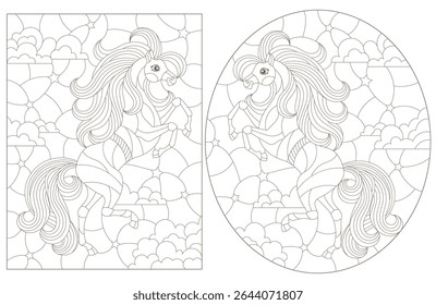 A set of contour illustrations in the style of a stained glass window with cute horses, dark outlines on a white background