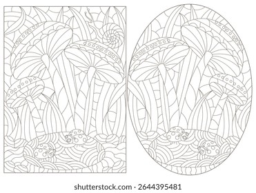A set of contour illustrations in the style of a stained glass window with mushrooms and ladybugs on a grass background, dark outlines on a white background