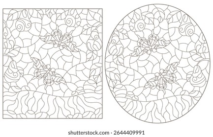 A set of contour illustrations in the style of stained glass with pear branches and butterflies on a meadow background dark outlines on a white background