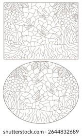 A set of contour illustrations in the style of stained glass with currant berry branches and butterflies on a meadow background dark outlines on a white background