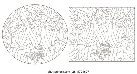 A set of contour illustrations in the style of stained glass with butterflies and tulips, dark outlines on a white background