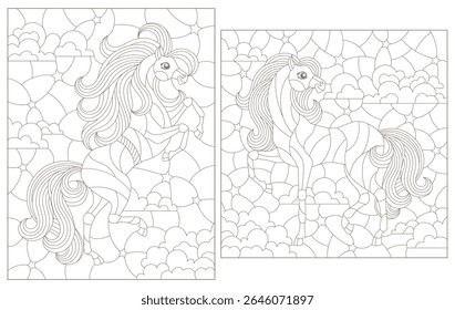 A set of contour illustrations in the style of a stained glass window with cute horses, dark outlines on a white background