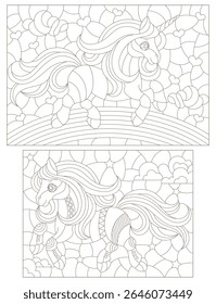 A set of contour illustrations in the style of a stained glass window with cute horse and unicorn, dark outlines on a white background
