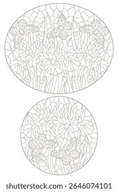 A set of contour illustrations in the style of stained glass with iris flowers and butterflies, dark contours on a white background