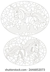 A set of contour illustrations in the style of a stained glass window with cute horse and unicorn, dark outlines on a white background