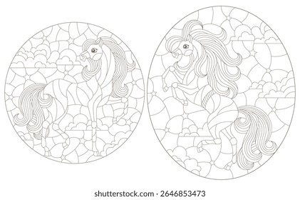 A set of contour illustrations in the style of a stained glass window with cute horses, dark outlines on a white background