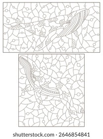 A set of contour illustrations in the style of stained glass with abstract whales, dark contours on a white background