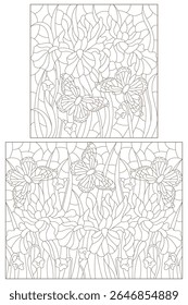 A set of contour illustrations in the style of stained glass with iris flowers and butterflies, dark contours on a white background