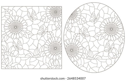 Um conjunto de ilustrações de contorno no estilo de vitrais com girassóis e borboletas, contornos escuros em um fundo branco