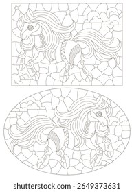 A set of contour illustrations in the style of a stained glass window with cute horses, dark outlines on a white background