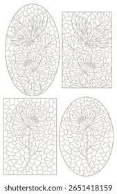 Um conjunto de ilustrações de contorno no estilo de vitrais com flores e borboletas, isoladas sobre um fundo branco