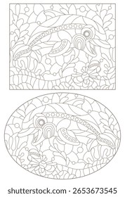 A set of contour illustrations in the style of a stained glass window with cute dolphins, dark outlines on a white background