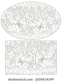 Eine Reihe von Konturillustrationen im Stil von Buntglas mit Schmetterlingen und Rosen, dunkle Umrisse auf weißem Hintergrund