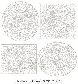 A set of contour illustrations in the style of stained glass with a mushroom composition, dark outlines on a white background