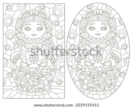 A set of contour illustrations in the style of stained glass with Russian dolls, dark contours on a white background