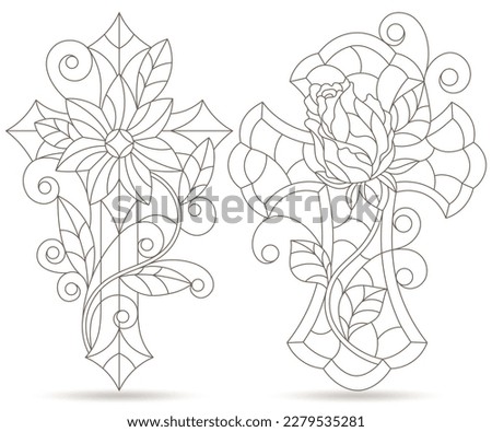 A set of contour illustrations in the style of stained glass with Christian crosses, dark contours on a white background