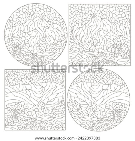 Set of contour illustrations in the style of stained glass with mountain landscapes, dark outlines on a white background