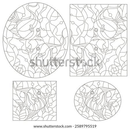 A set of contour illustrations in the style of a stained glass window with fish, dark contours on a white background