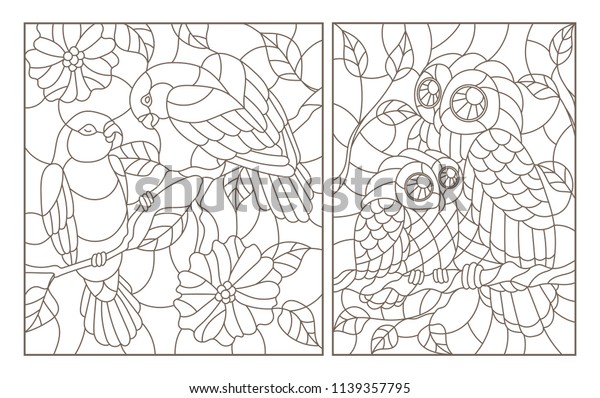 白い背景に暗い輪郭を持つ ステンドグラスに鳥を描いた形の輪郭イラスト オウムとフクロウのペア のベクター画像素材 ロイヤリティフリー