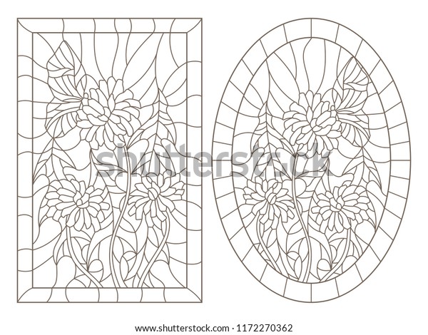 ステンドグラスにタンデリオンと蝶 枠に楕円と長方形の画像 白い背景に暗い輪郭のセット のベクター画像素材 ロイヤリティフリー