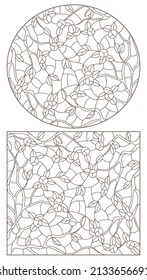 A set of contour illustrations with tree branches with fruit, dark contours on a white background