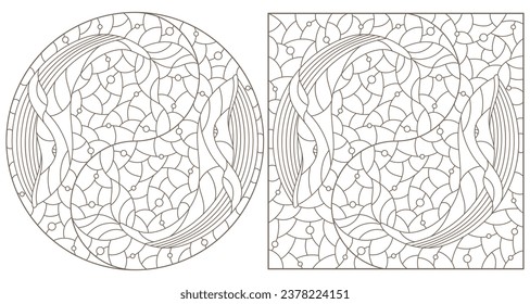 Set of contour illustrations with whales,  dark contours on a light background