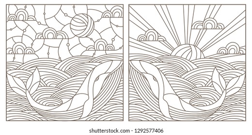 Set contour illustrations with whales on the waves and the sky , the dark outline on a white background