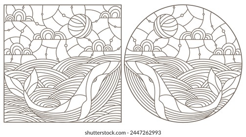 Set contour illustrations with whales on the waves and the sky , the dark outline on a white background