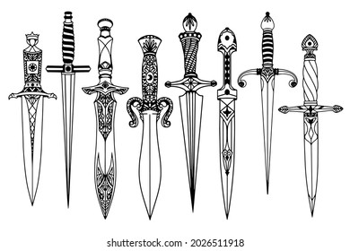 A set of contour images of daggers. Daggers in black and white style.