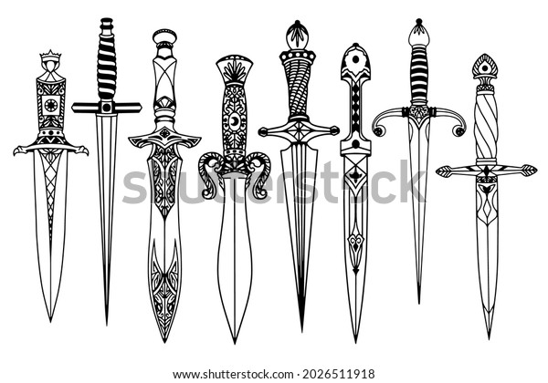 A set of contour images of daggers. Daggers in\
black and white style.