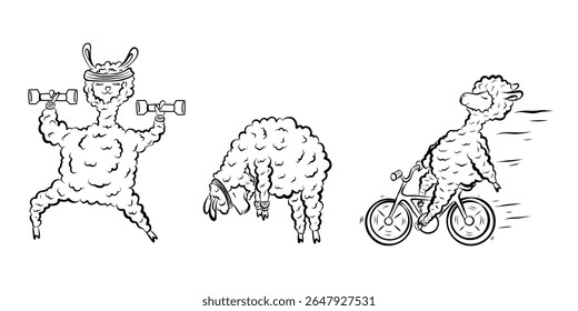 A set of contour lamps of alpacas engaging in sports. Illustration for paintings, designs, and stickers.