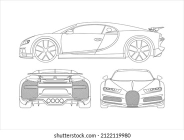a set of contour layouts of a super car. Bugatti Chiron.