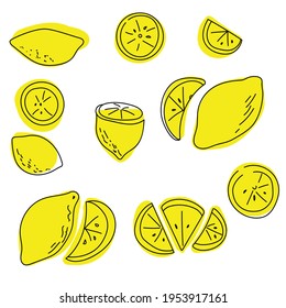 Set of contour lemons doodle on a colored spot, yellow juicy citrus fruits whole, halves and slices for design vector illustration