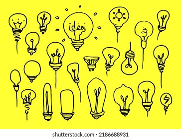 a set of contour light bulbs . Insulated ball bulbs of different shapes, hand-drawn in cartoon style, with a black insulated line on yellow for a design template. Symbol of the idea and thinking