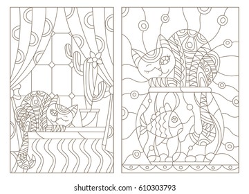 Set of contour line drawings in stained glass style. window with curtains and a cactus and a cat on the windowsill